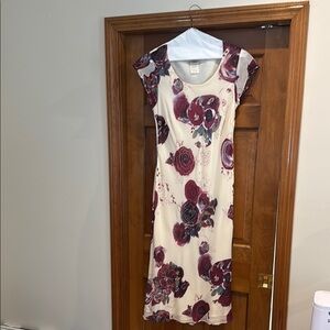 Laura Ashley White and Purple Sheath Dress with Flutter Cap Sleeves